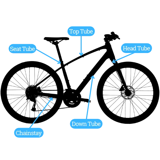 Hybrid bike geometry diagram showing seat tube, effective top tube, reach, stack, and stand-over measurements
